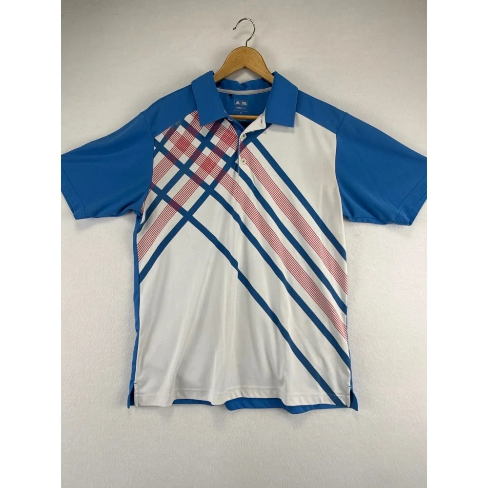 Adidas Golf Shirt Mens Medium Blue White Climalite Short Sleeve‎ Polo Graphic