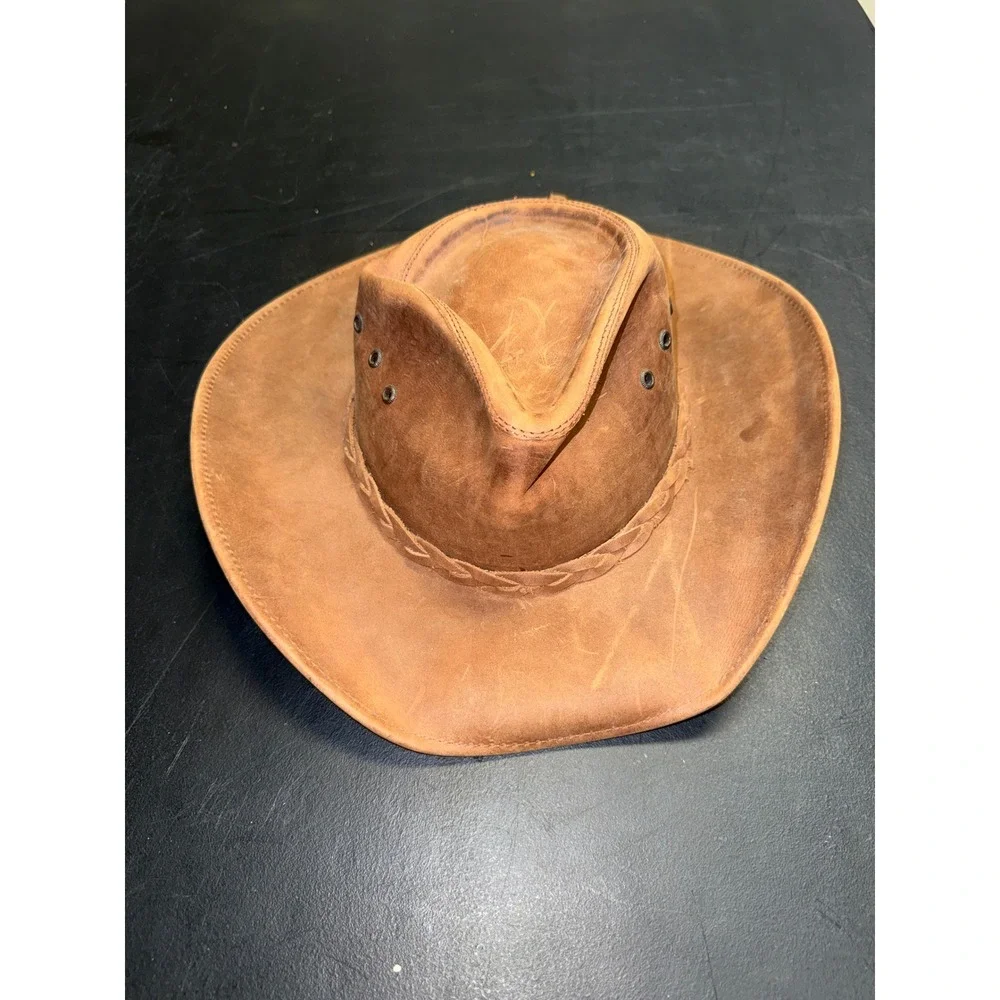 American Hat Makers Brown Leather Cowboy Hat Braided Band Wide Brim Mens Large