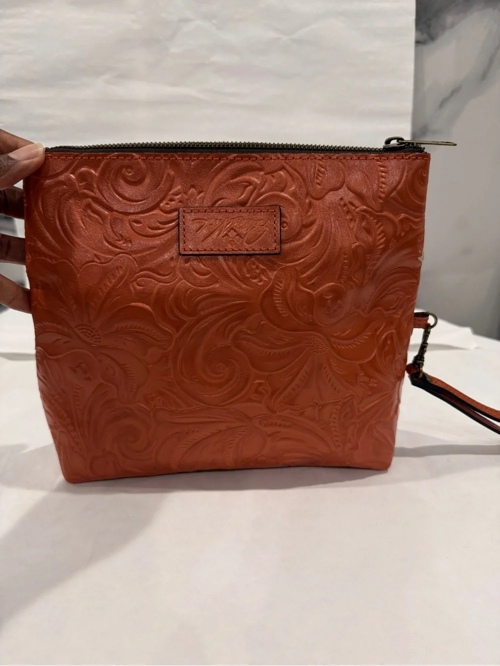 Patricia Nash Apricot Orange Embossed Leather Wristlet Clutch