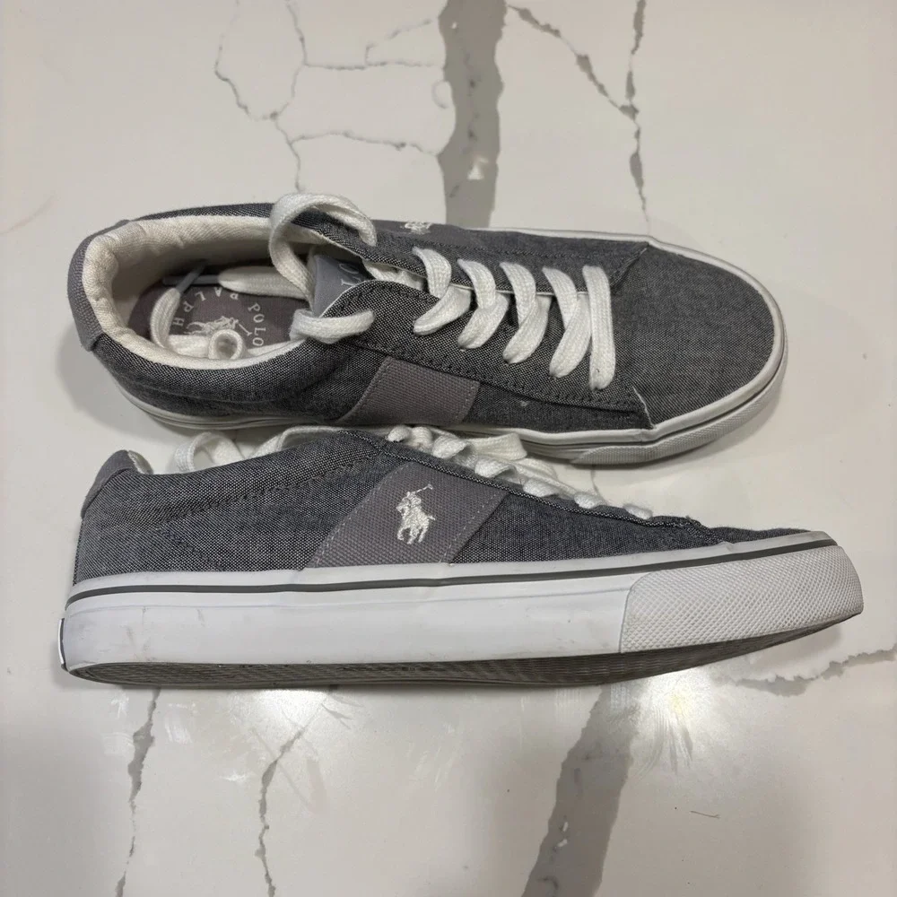 Polo Ralph Lauren Sayer Pony‎ Canvas Sneakers Kids Size 3 Gray White Lace Up