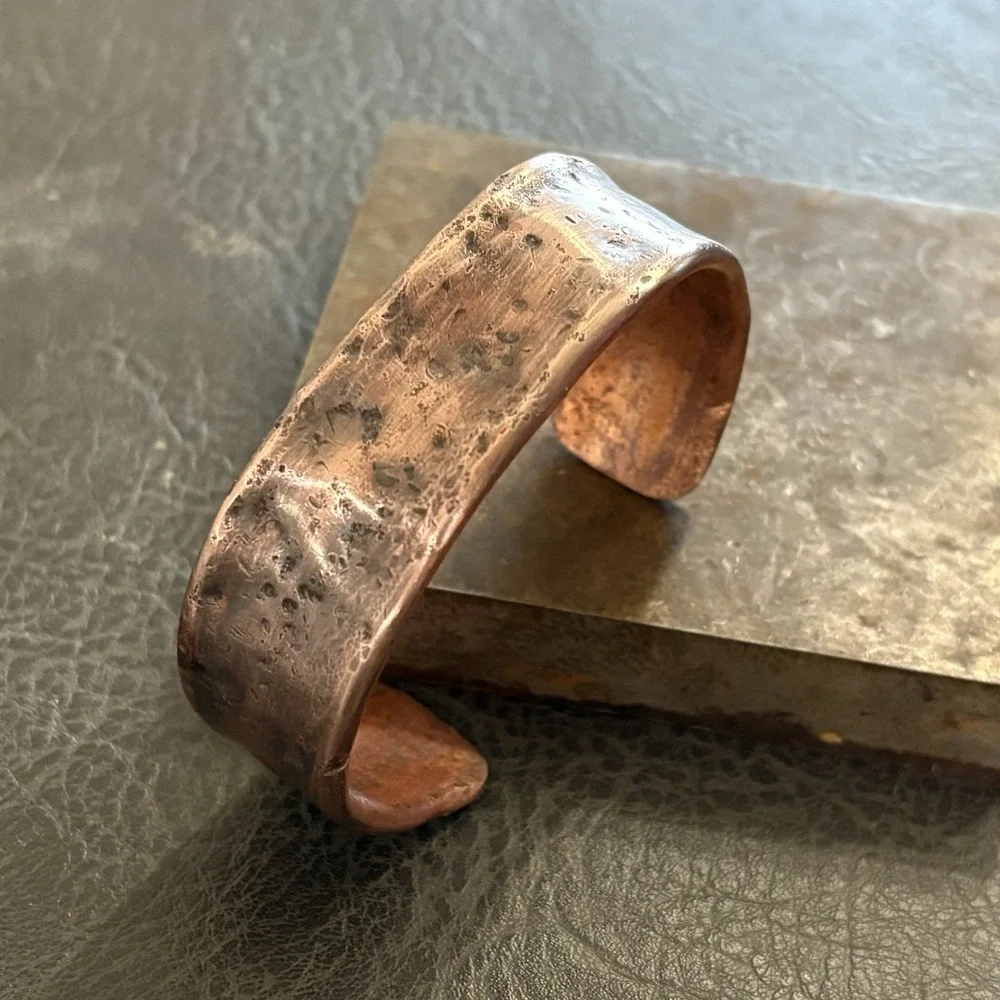 Pure Copper Men's Handmade Wide‎ Thick Cuff, Hammered Concrete Finish Bracelet