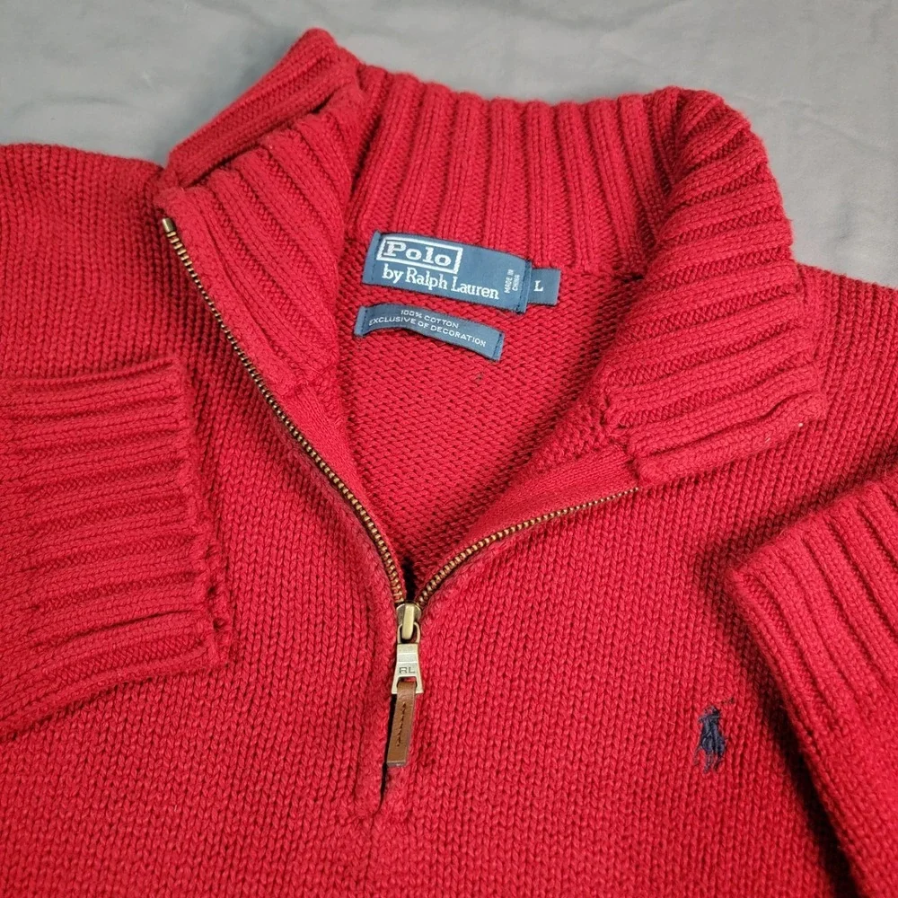 Vintage Polo Ralph Lauren Sweater Men's Large‎ Red 1/4 Zip 100% Cotton LS Pony
