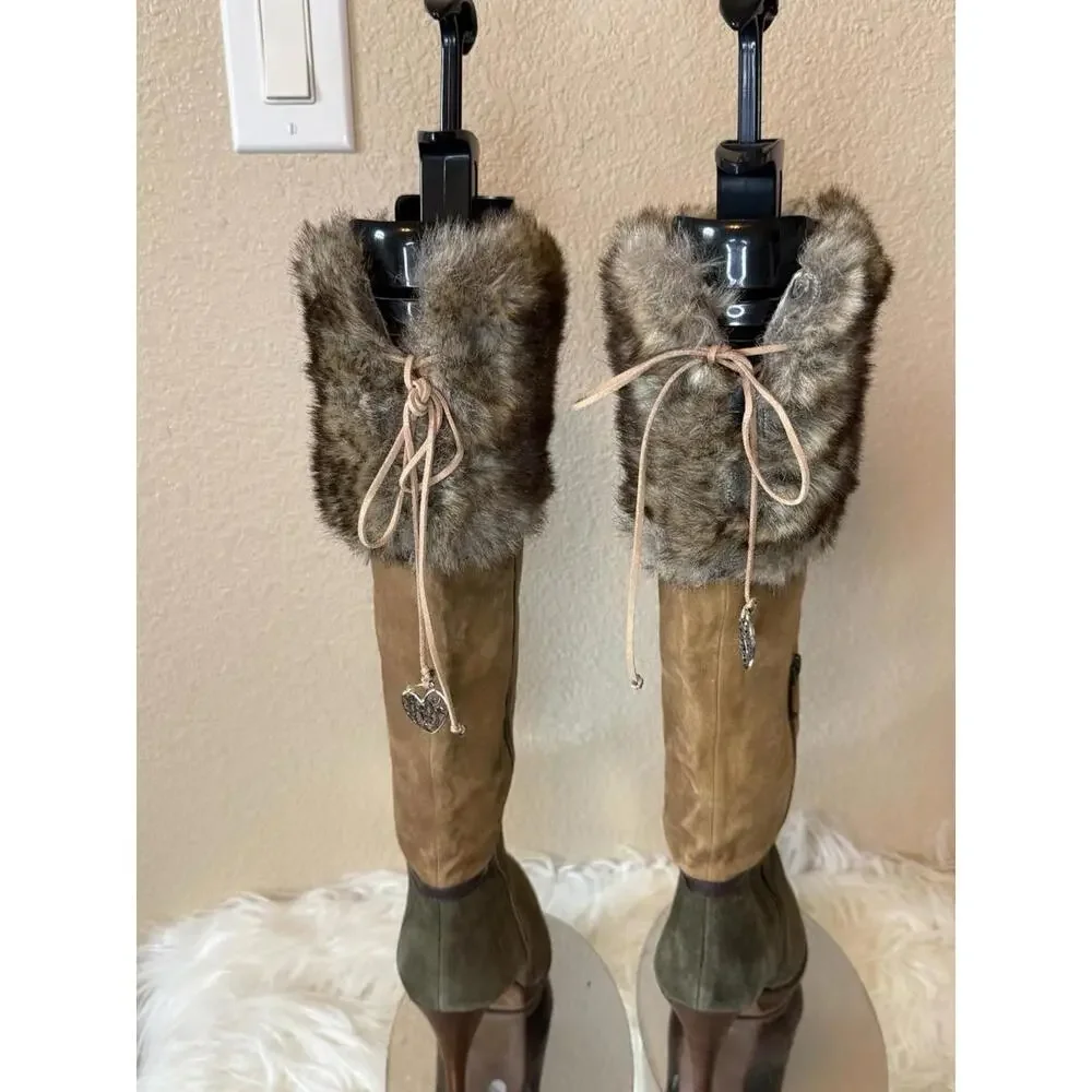B Makowsky BfKate Leather/Faux Fur Boots Size 6‎ Multicolor Sexy Stiletto