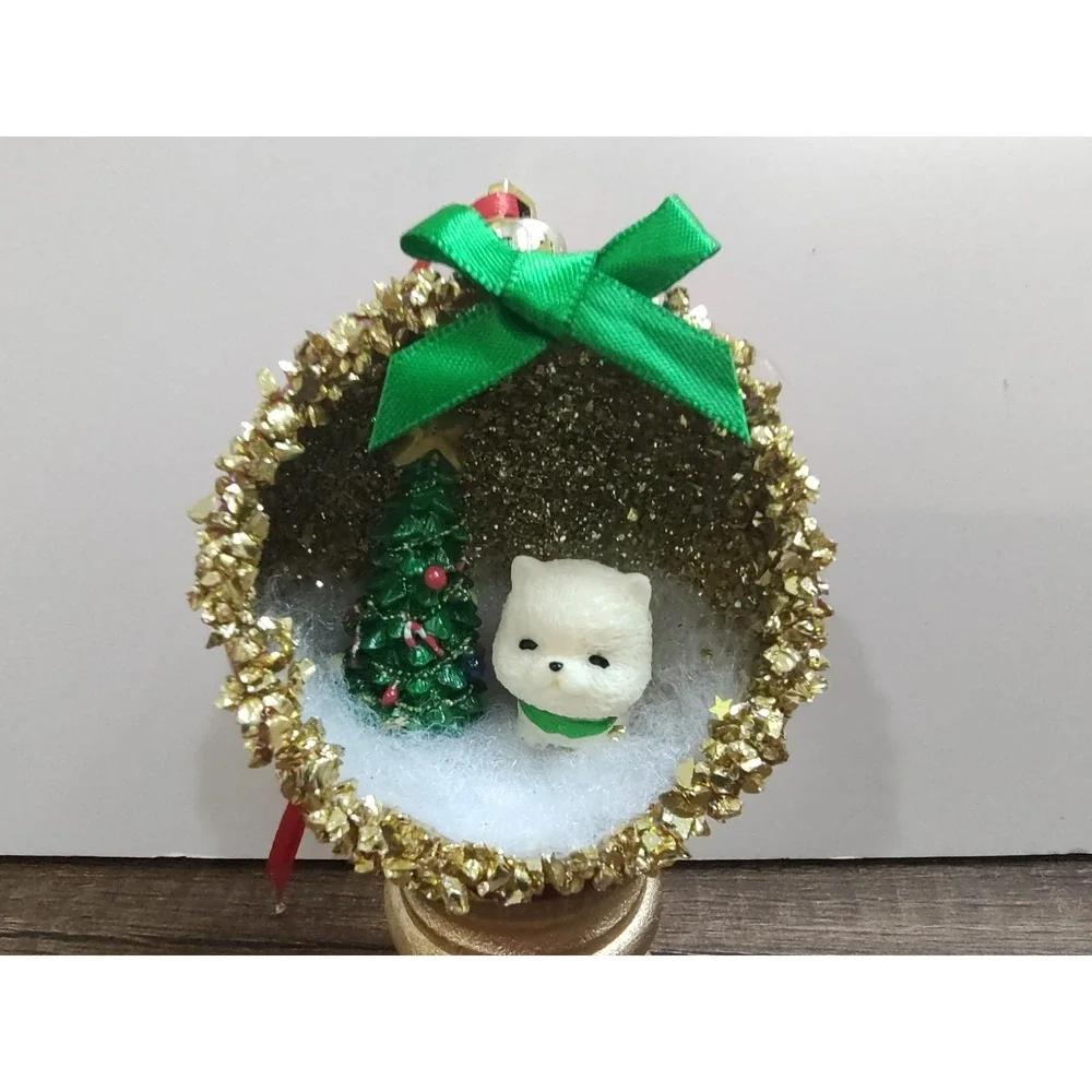 Dog Christmas Ornament Handmade Vtg Style OOAK Shatterproof Puppy Diorama O9