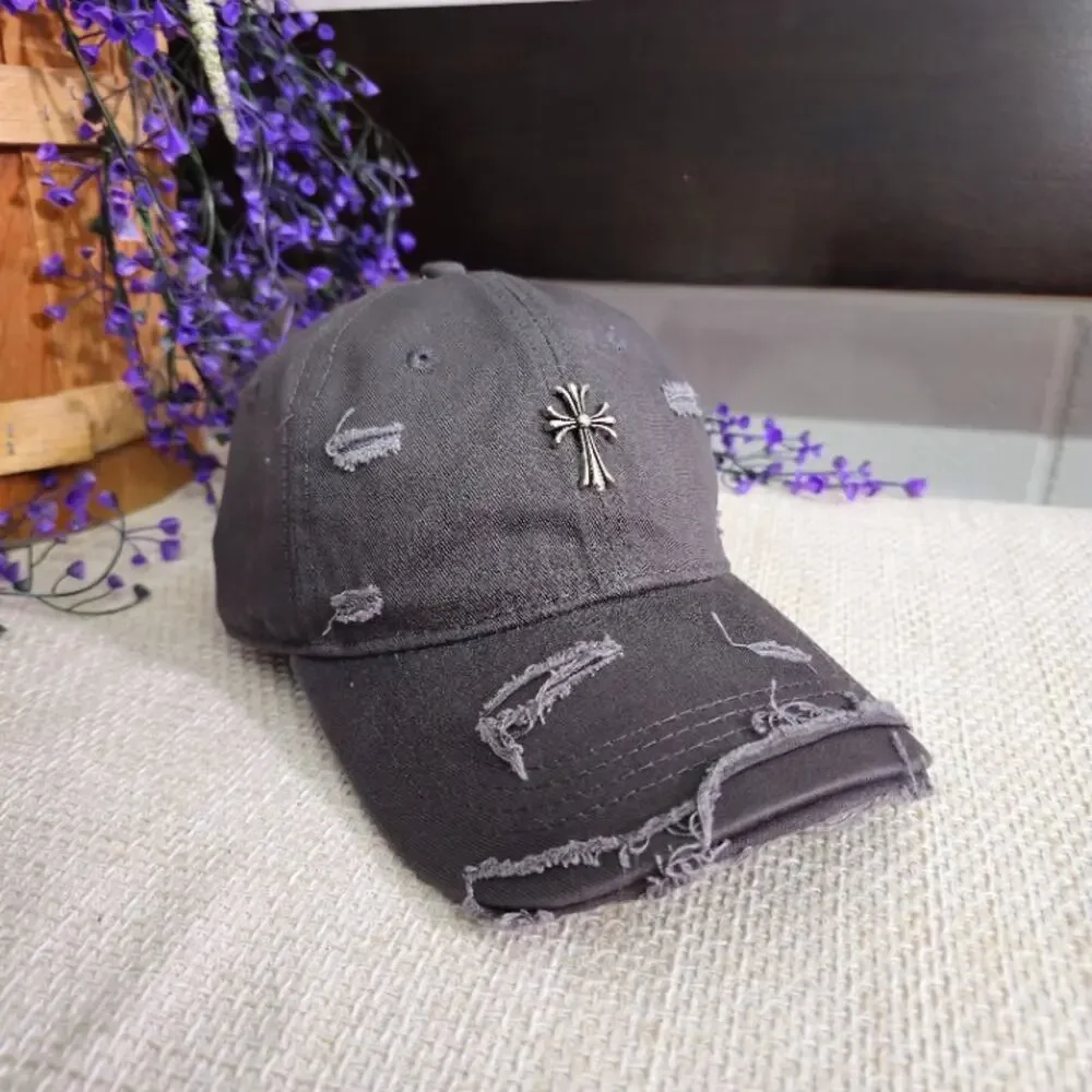 Gothic Cross Charm Distressed Denim Dad Hat Gray OS Like New