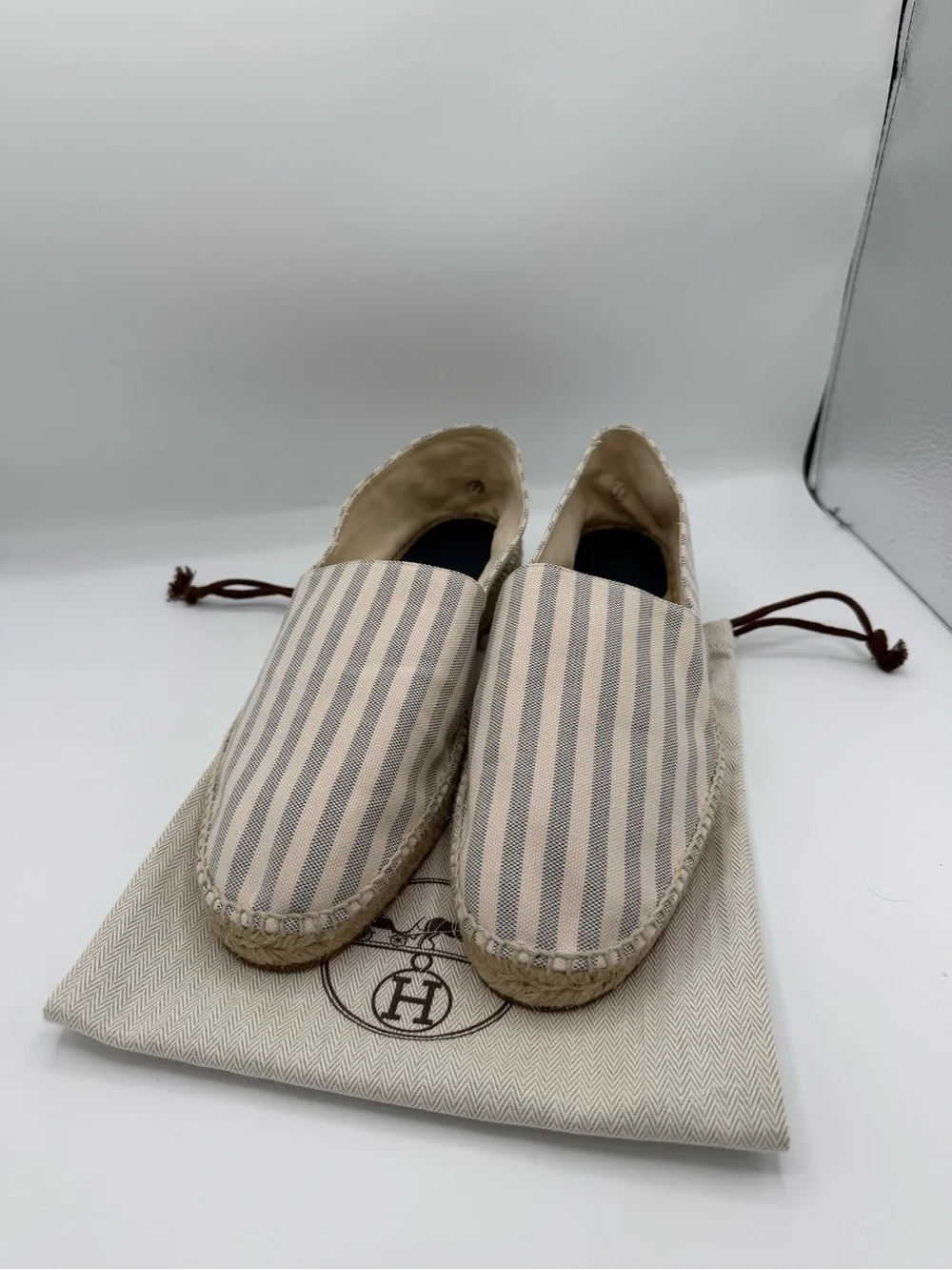 Hermes Striped Espadrille Slip-Ons with Logo Dust Bag size 44
