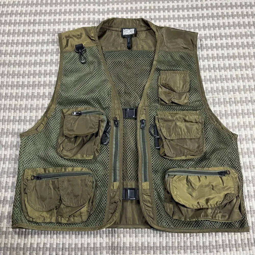 Reclaimed‎ Vintage Men's Army Green Multi-Pocket Mesh Fishing Utility Vest Sz L