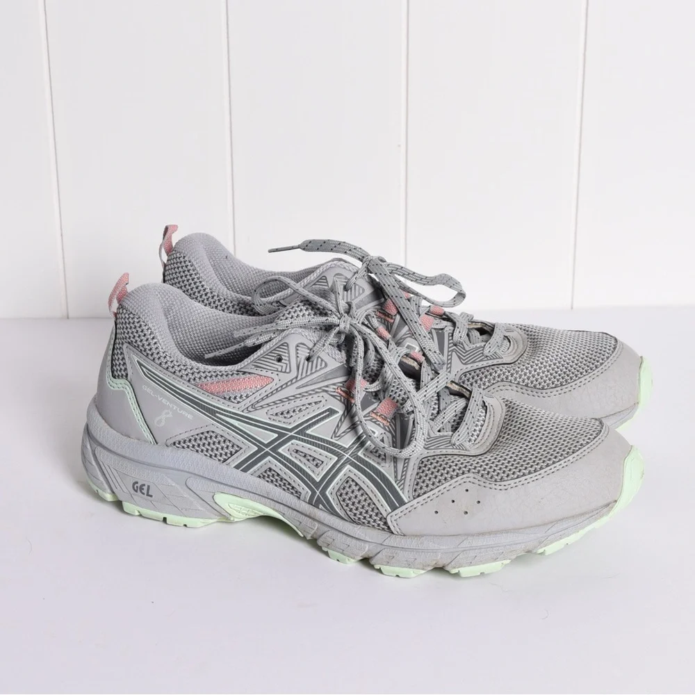ASICS Women's‎ GEL VENTURE 8 running shoes; gray, green, and pink; size 8.5 WIDE