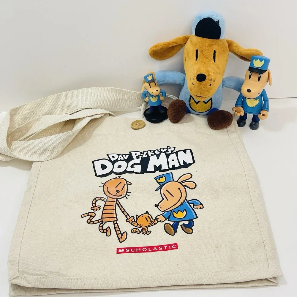 Dog Man Dav Pilkey Canvas Tote Bag Stuffed Plush Figures Toys‎ Lot of 4