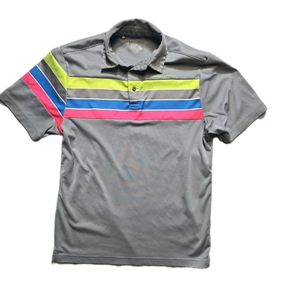 UNDER ARMOUR  Men's‎ Small Golf Polo Heat Gear Gray Multicolor Stripe Loose.