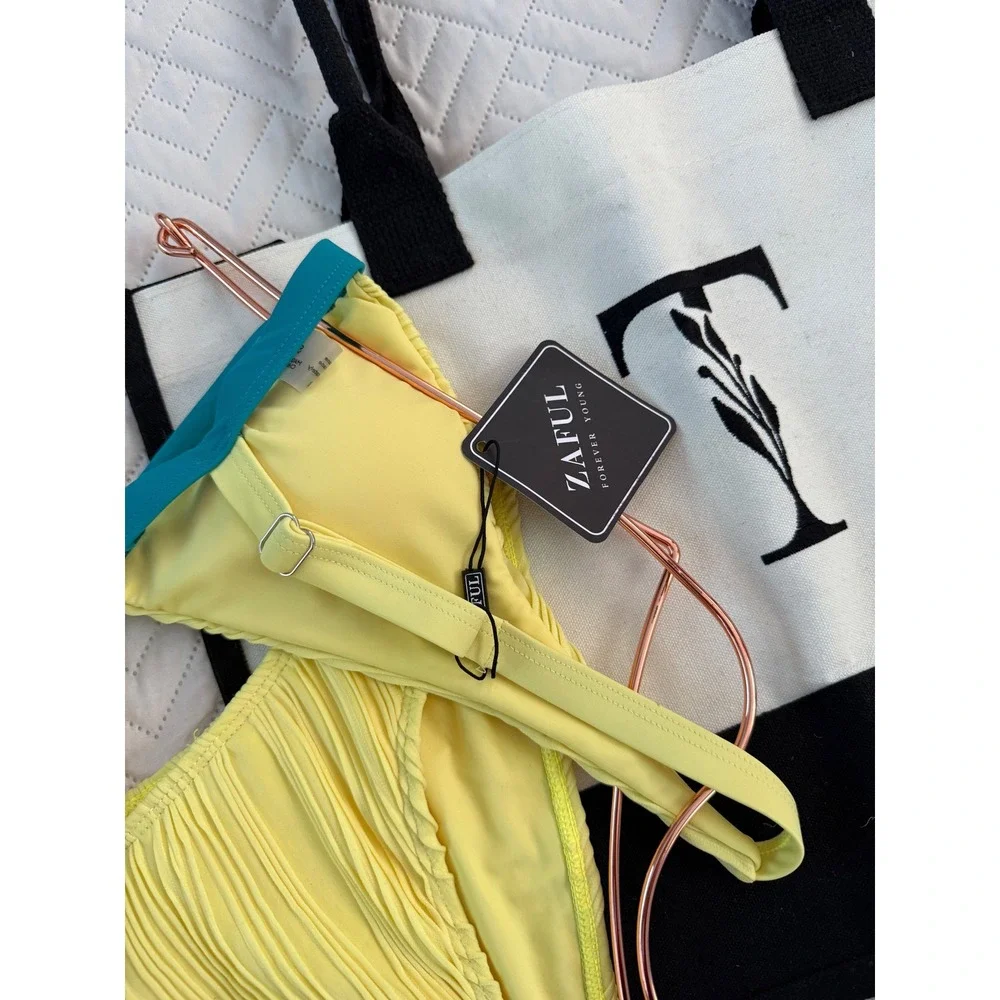 ZAFUL Yellow Bikini Set‎ Textured Two Piece Swimsuit Beach Vacation - Size S