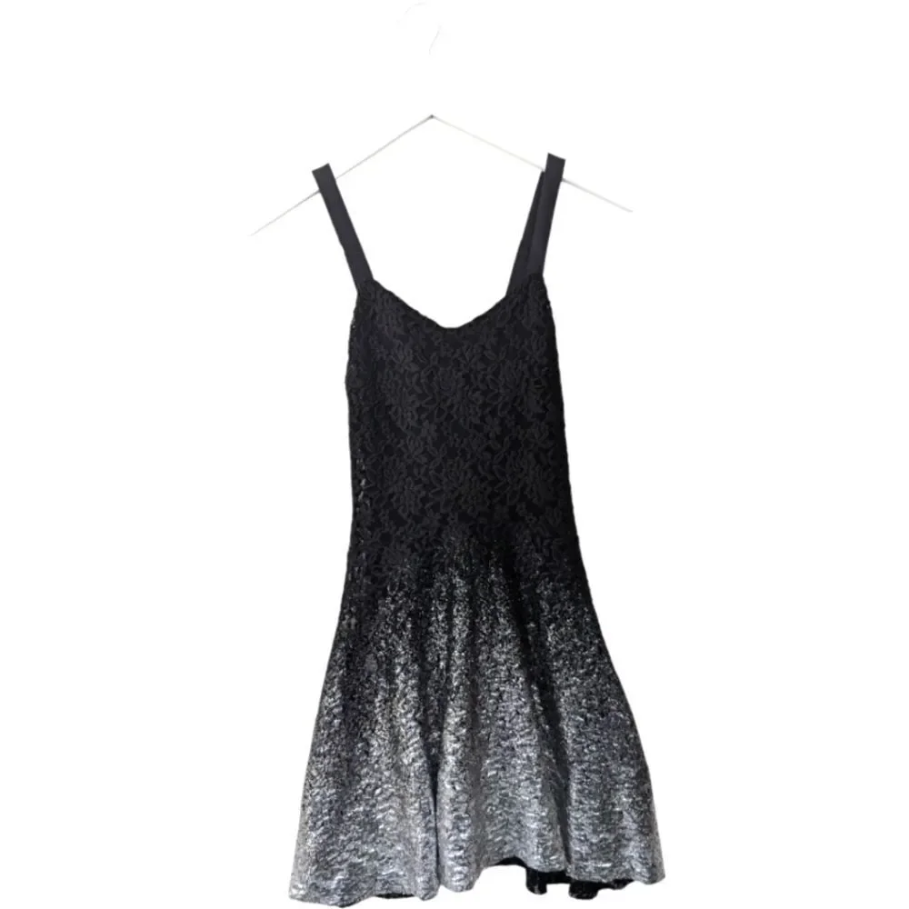 Free people mini dress black lace‎ Ombré silver Foil metallic xs