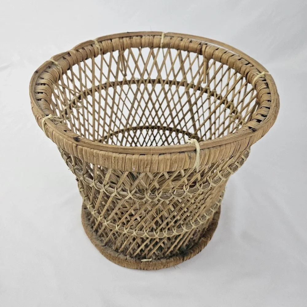 Vintage Boho Wicker Rattan Drum Planter Trash Can Mini Table Mid-Century Modern