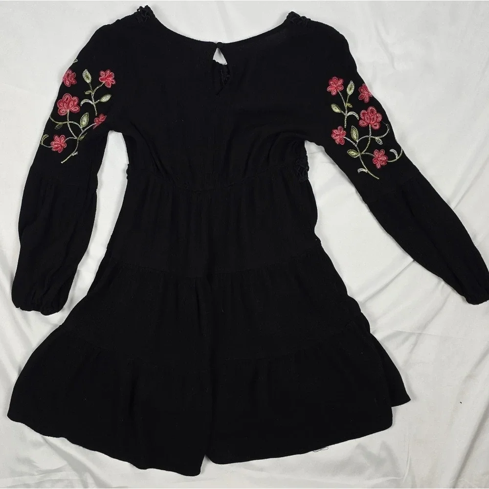 Francesca's Franki Sweetheart Black Floral Embroidered Babydoll Dress Girls YTH8