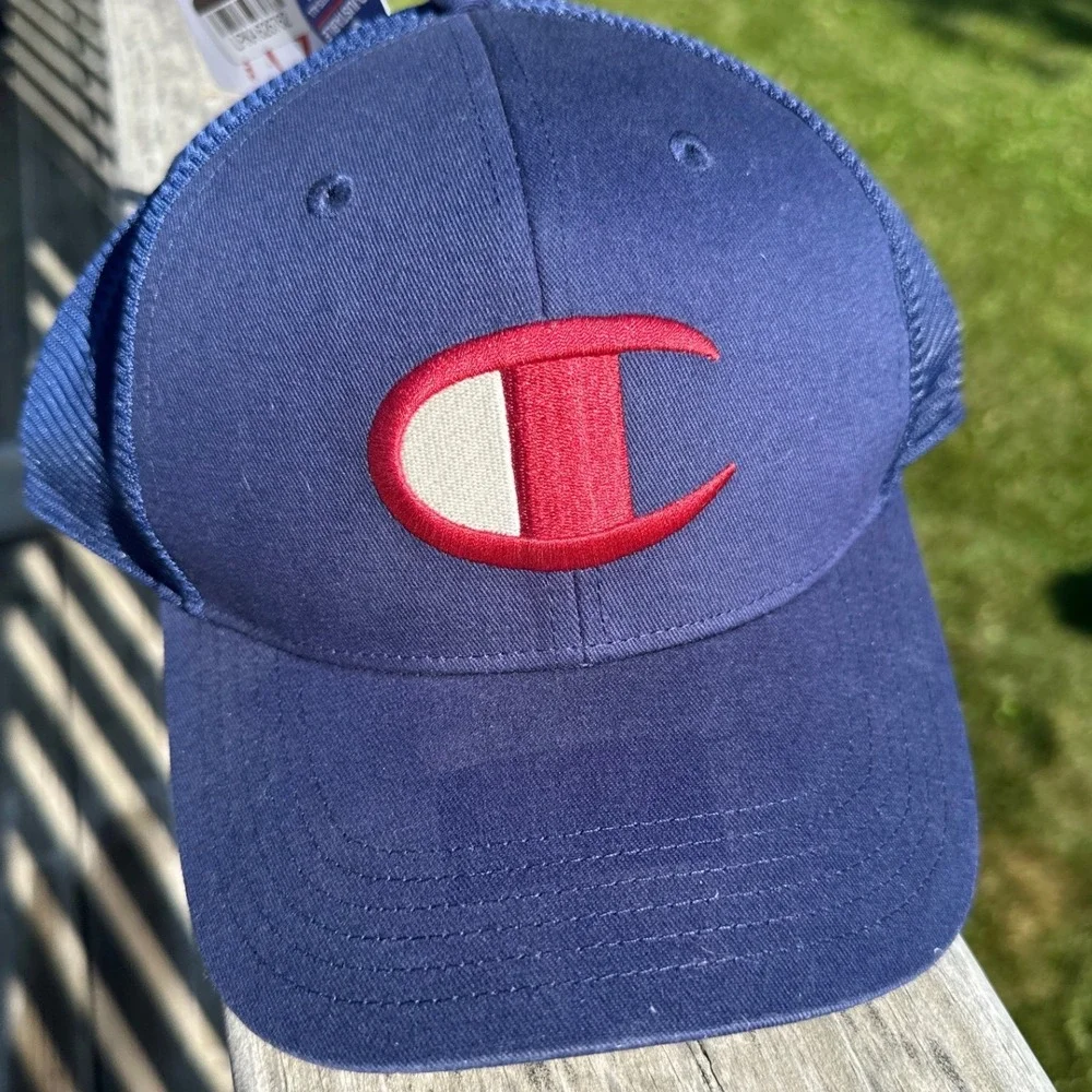Champion Navy Blue Trucker Hat Embroidered Logo Mesh Snapback Cap One Size NWT