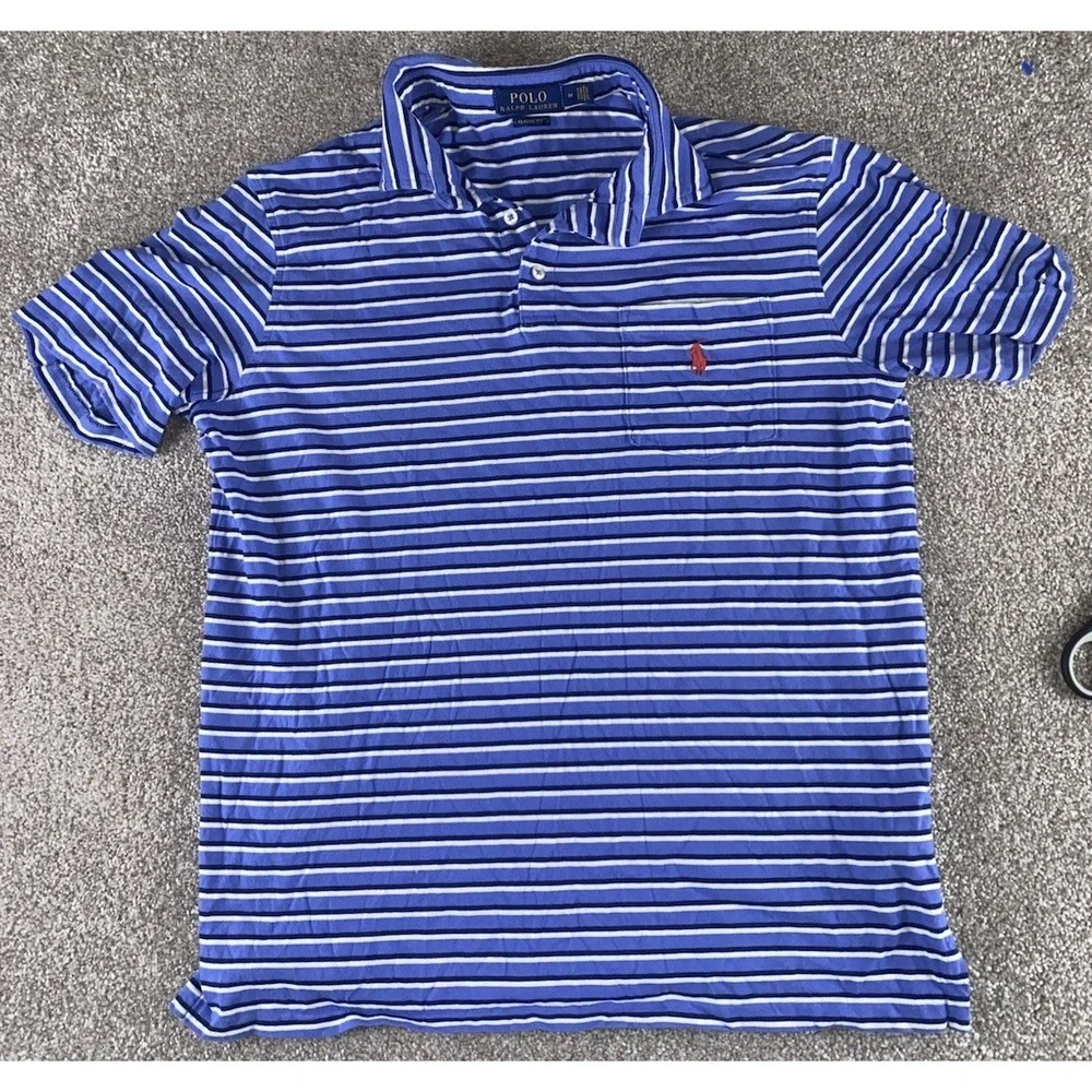 Polo Ralph Lauren Blue Striped Pocket Polo Shirt Mens M Light‎ Red Pony Cotton