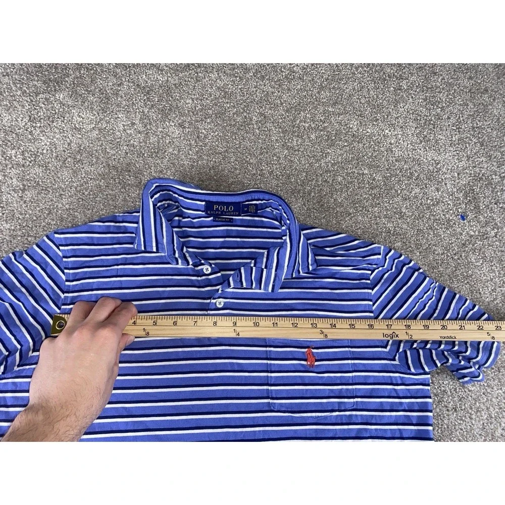 Polo Ralph Lauren Blue Striped Pocket Polo Shirt Mens M Light‎ Red Pony Cotton