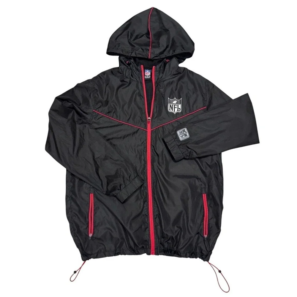 NFL‎ Windbreaker Jacket Mens Medium Black Red Full Zip Hooded Mesh Lined Logo