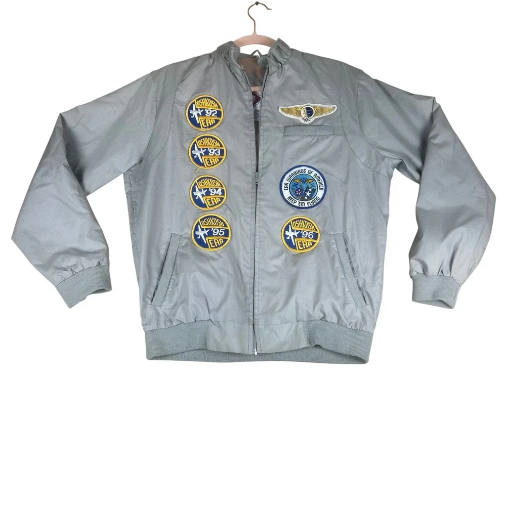 Vintage Horizon Outerwear‎ Oshkosh EAA Flight Bomber Jacket Gray Patches Small