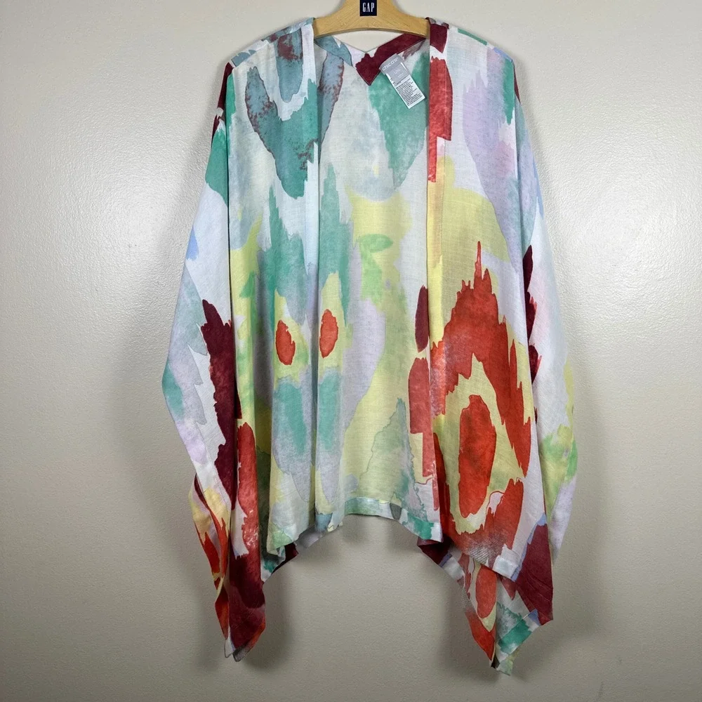Chico's Women's L/XL Kimono Wrap Multi-color Abstract‎ Watercolor Open Front