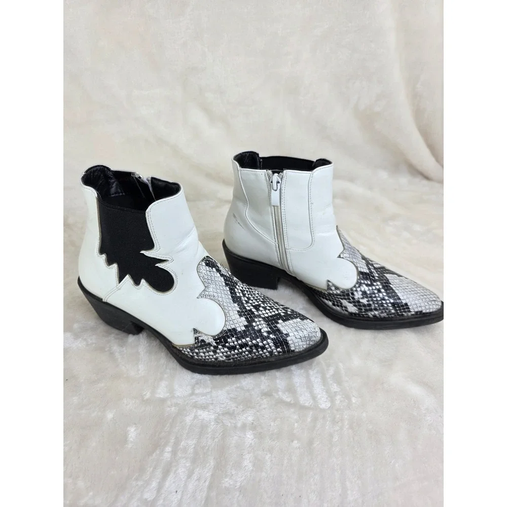 Womens White Snake Print Ankle Boots‎ Western Style Side Zip Chunky Heel Size 36