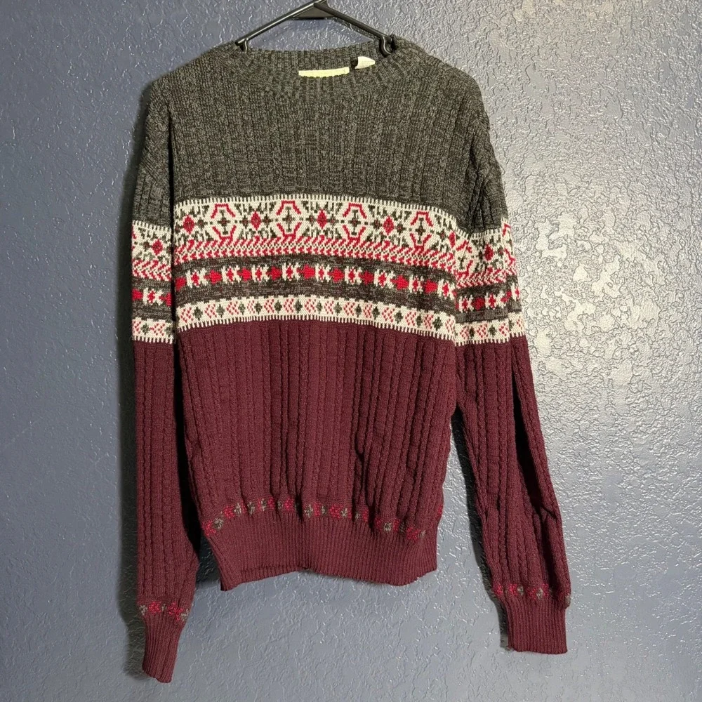 Hardwood & Pine‎ Fair Isle Sweater Large Burgundy Gray Crewneck