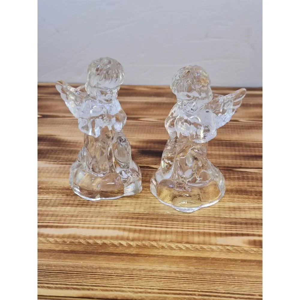 Set Of‎ 2 Kneeling CHRISTMAS TAPERED GLASS ANGEL CANDLE Holders 4.25