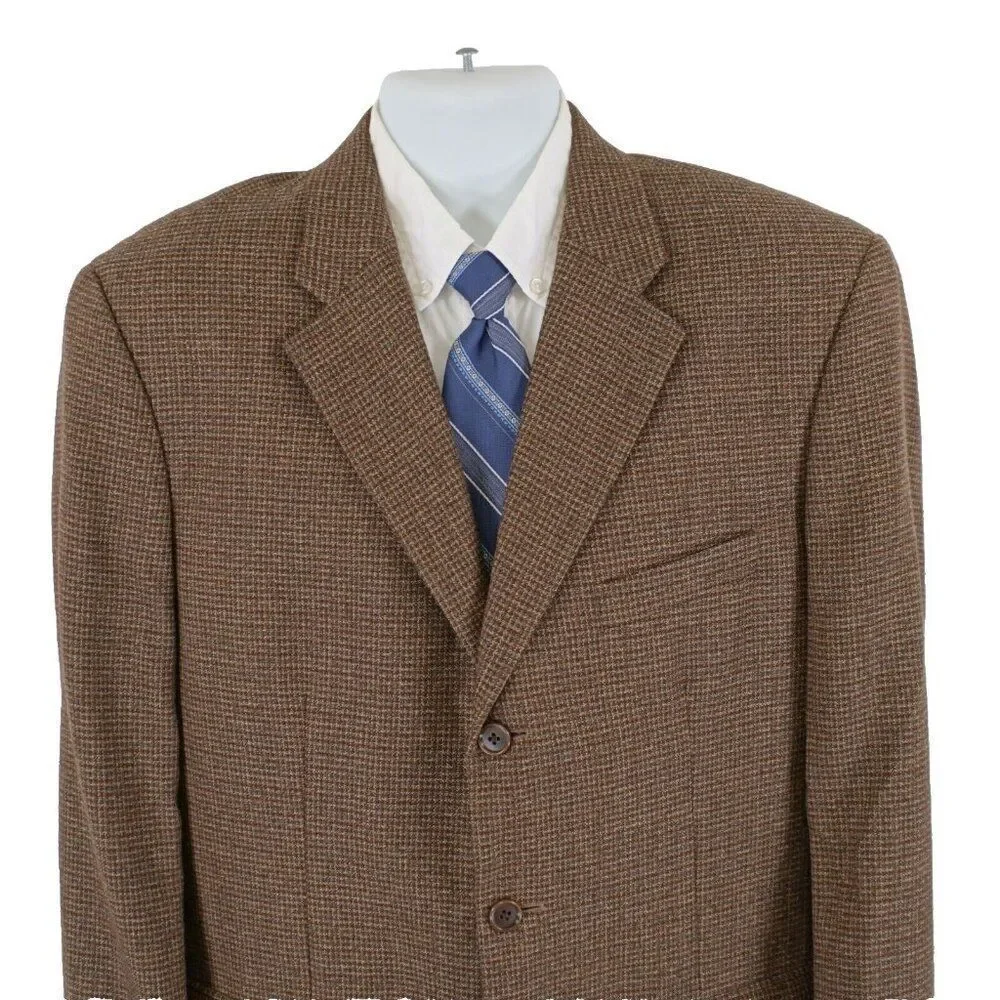Talbots Men Brown Tan Gray Check‎ Tweed Wool 3 Button Sport Coat 42R