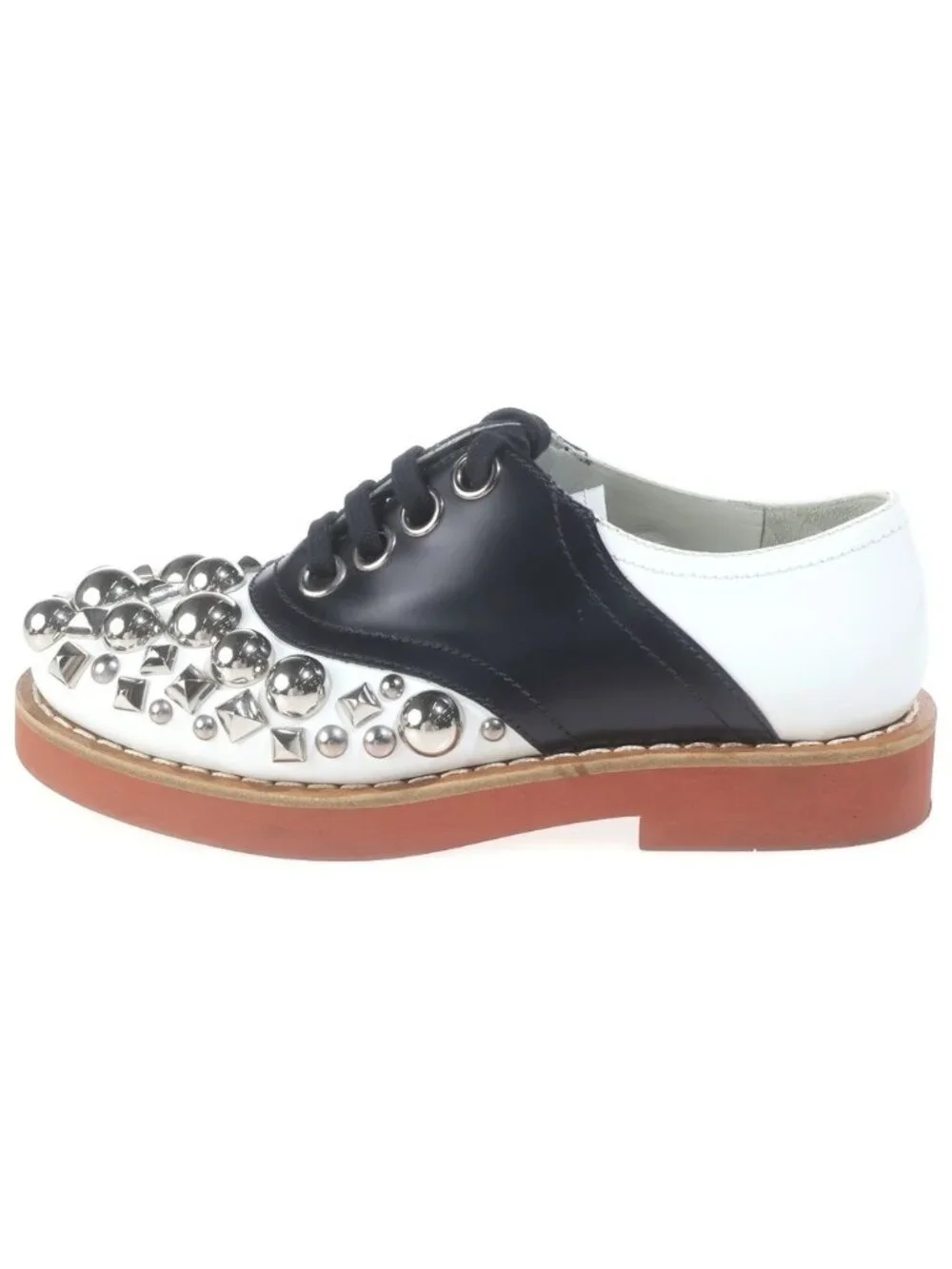 Miu Miu Studded Lace Up Low Cut Leather Shoes Black White