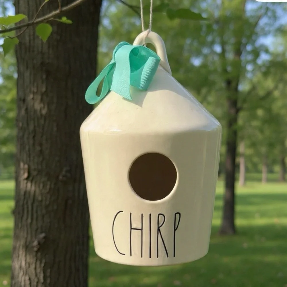 Rae Dunn artisan collection Chirp Ceramic Birdhouse with Teal Ribbon