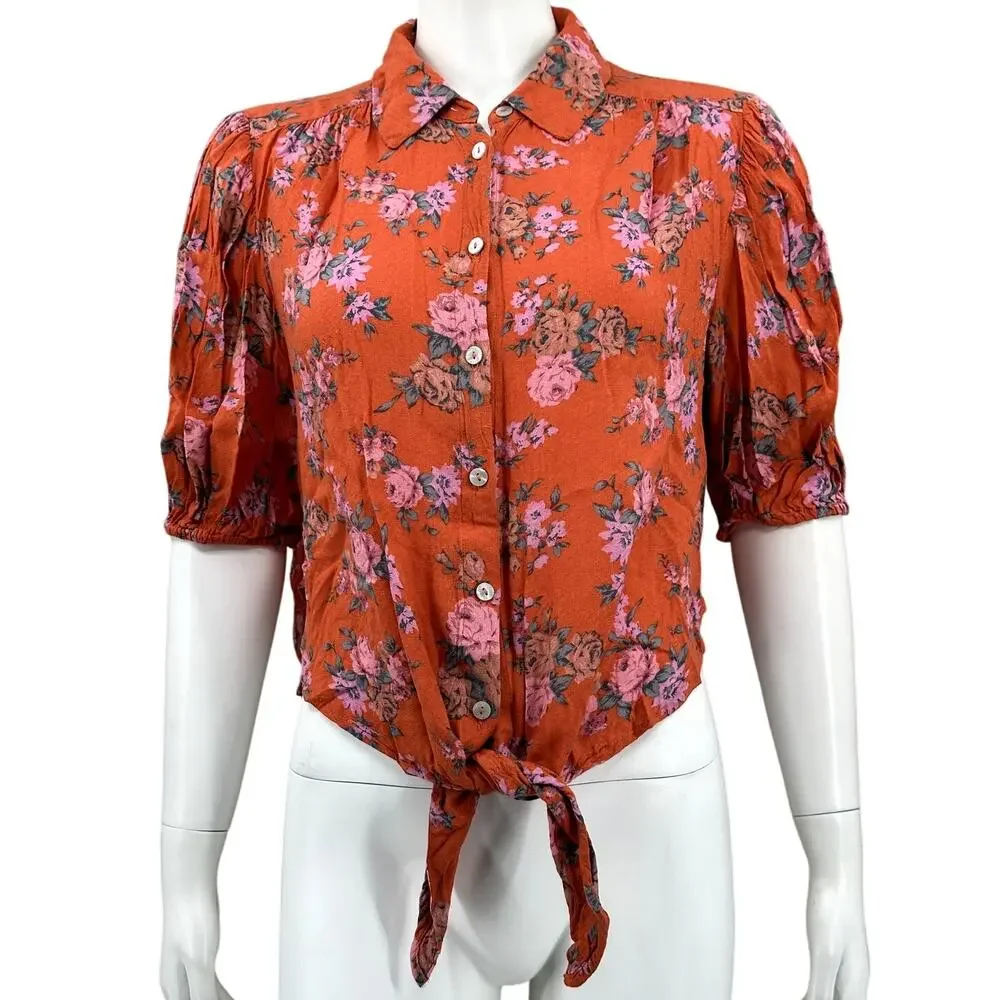Free People Top Womens Small Orange Celia Floral Front Tie Bloomcore Boho Summer