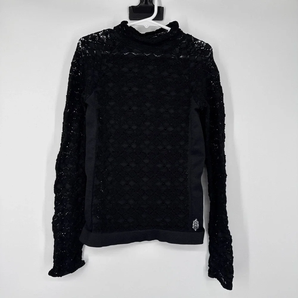 Free People Crochet Lace Long Sleeve Boho Whimsigoth Dark Coquette Black XS