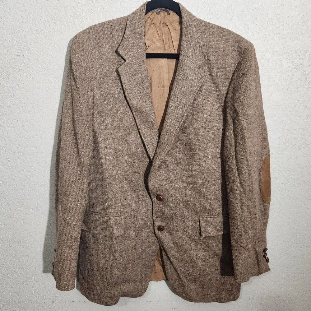 Vintage Tailored Classics Levis Mens 44L Brown Tweed Wool Sports Coat Elbow FLAW