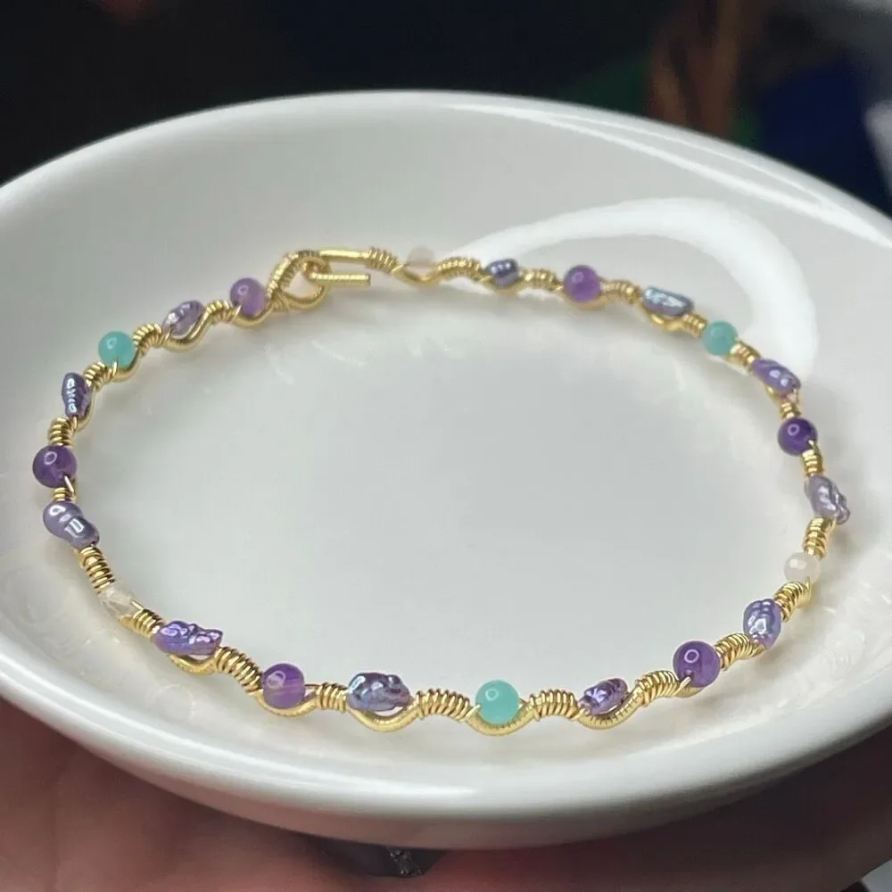 Mermaid bangle bracelet 7” gold copper core lavender dyed pearl amethyst rose qu