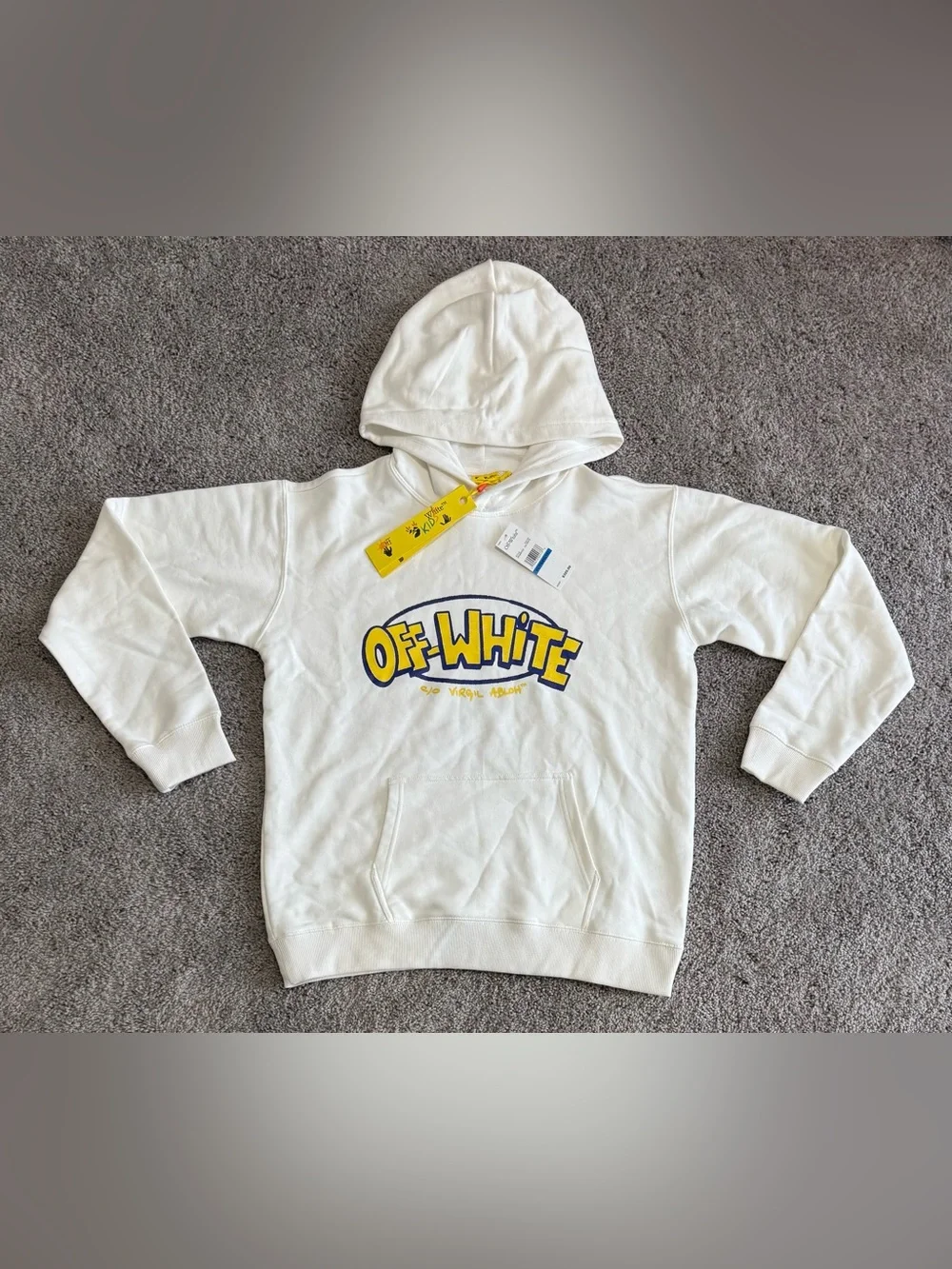Off White Arrows Doodle Graphic Logo Hoodie Yellow White Big Kids Size XL (16)