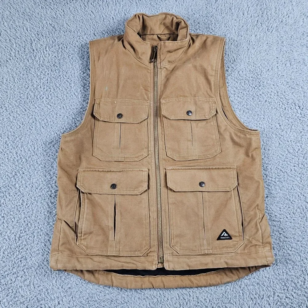 Ridgecut Vest Mens Medium Tan Duck Canvas Utility Workwear Chore Lined Full Zip