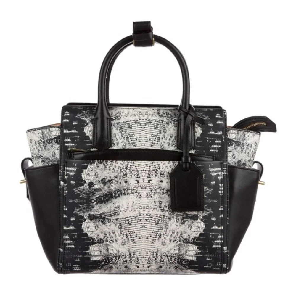 NEW W/ TAGS Reed Krakoff Mini Atlantique Leather Satchel Bag, Black White Lizard