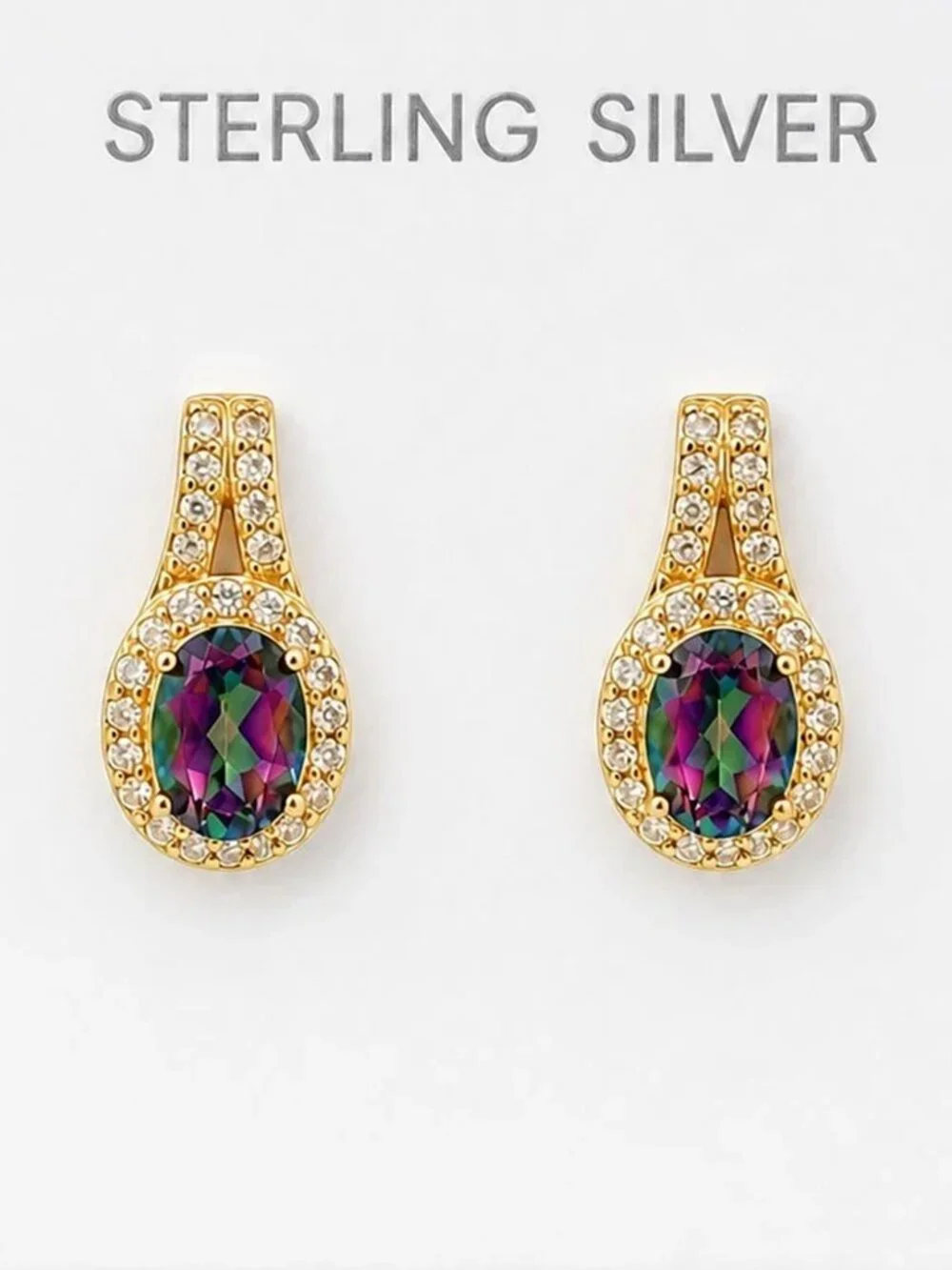Created Mystic Topaz & W/Sapphire Stud Earrings 14k Yellow Gold Plated(.925)