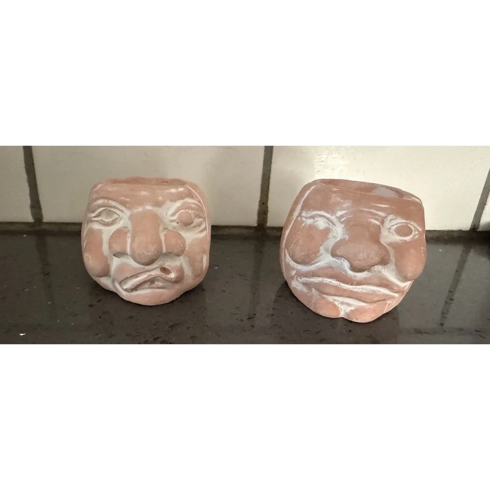 Vtg Terracotta Pumpkin Silly Whimsical Face Candle Holder Fall Halloween Lot 2