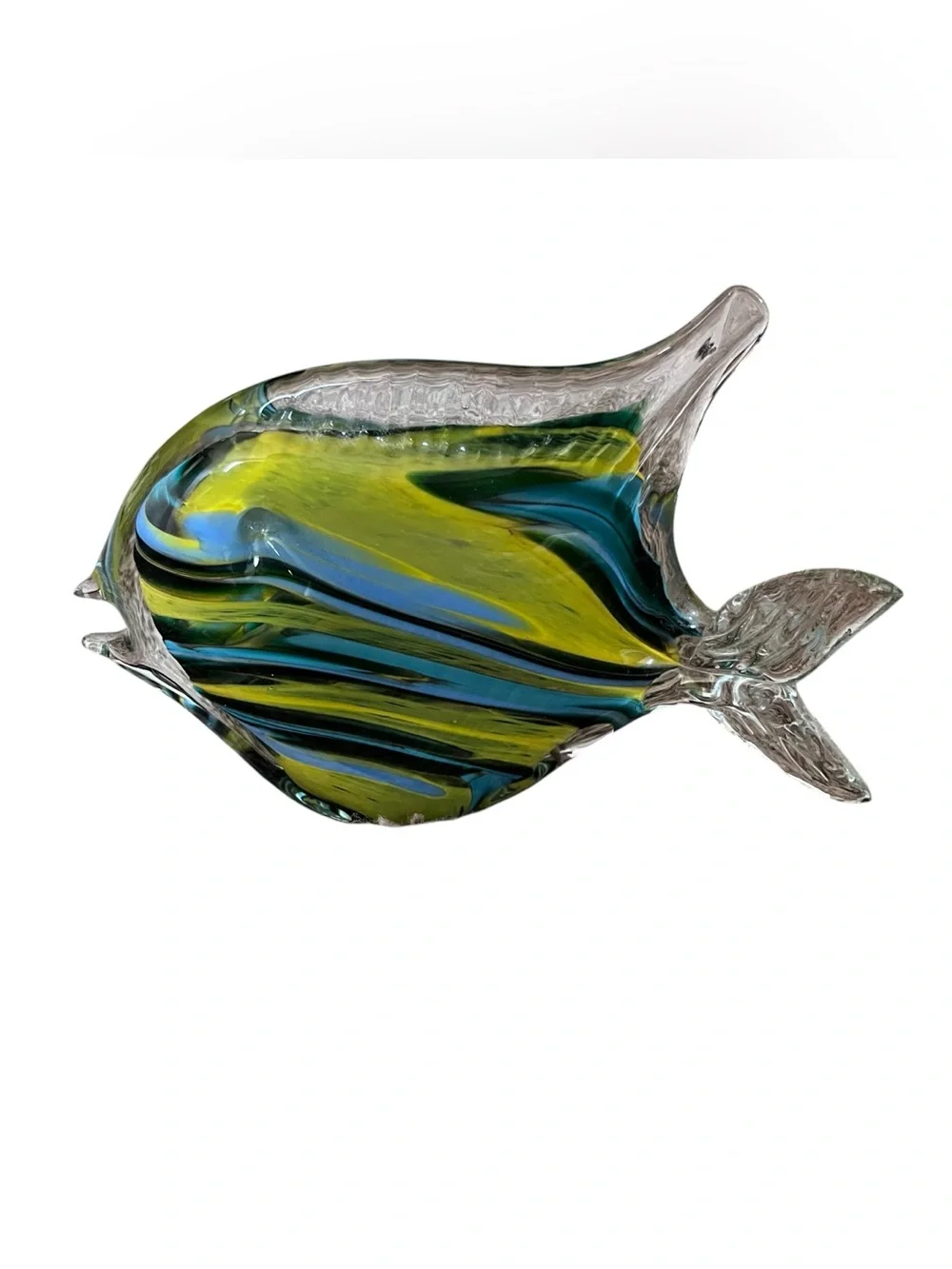 Schroders Hand Blown Art Glass Multicolor Blue Fish Paperweight Decor 6” Signed