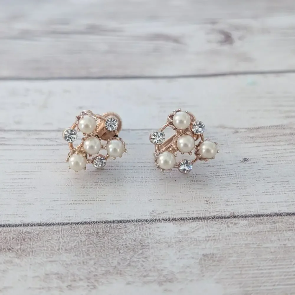 Vintage Screw On Earrings Pretty Faux Pearl & Clear Gems