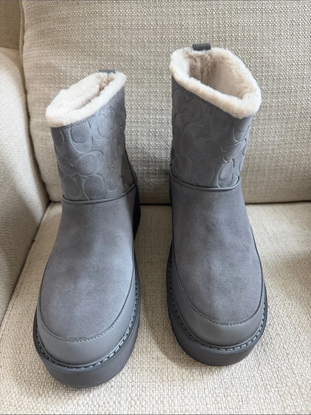 Coach Grey Suede Shearling-Lined Mid-Calf Boots