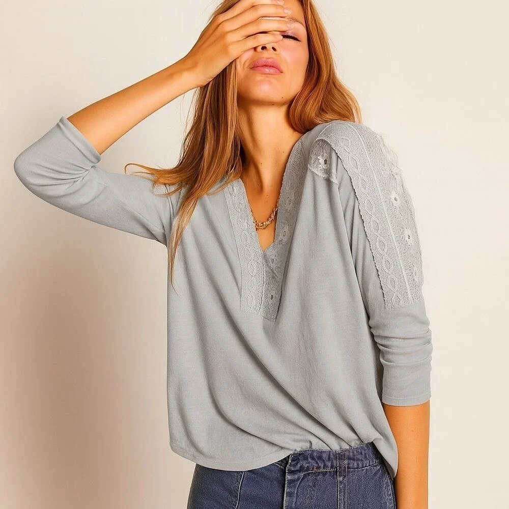 Free People NEW Lola Slate Lace Thermal Oversized Long Sleeve Top SZ Medium Boho