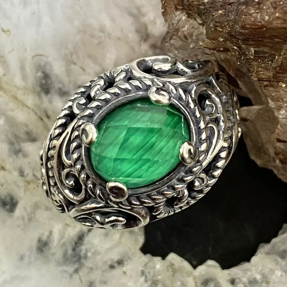 Carolyn Pollack Sterling Silver Oval Malachite & Quartz Decorated Doublet Ring