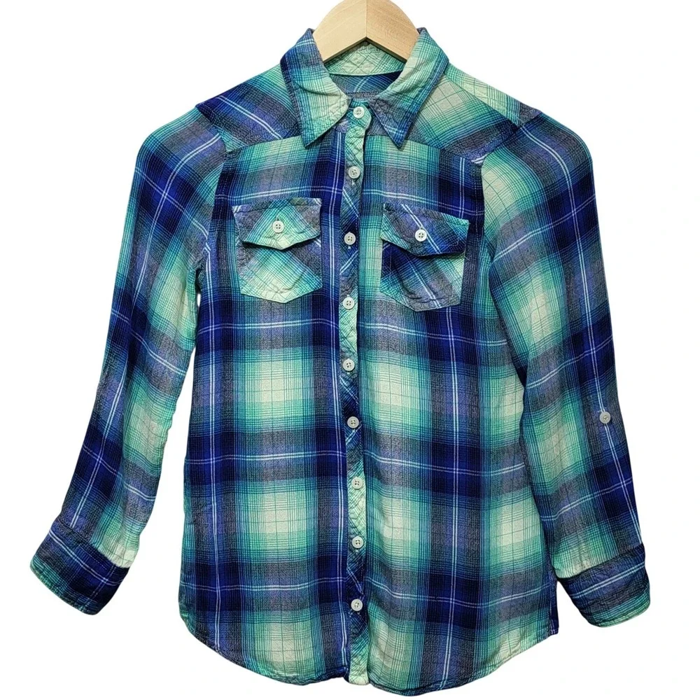 Justice Girls Blue‎ Teal Plaid Button Down Shirt Roll Tab Sleeve Size 10 Rayon