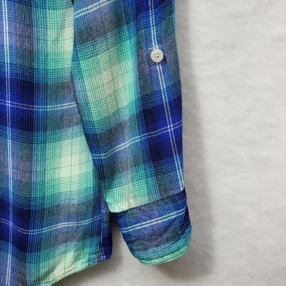 Justice Girls Blue‎ Teal Plaid Button Down Shirt Roll Tab Sleeve Size 10 Rayon