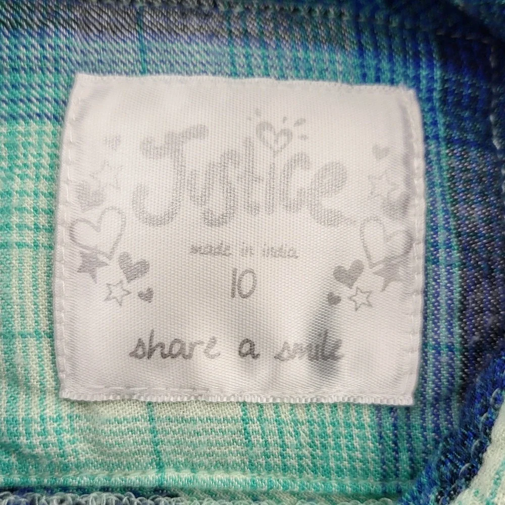 Justice Girls Blue‎ Teal Plaid Button Down Shirt Roll Tab Sleeve Size 10 Rayon