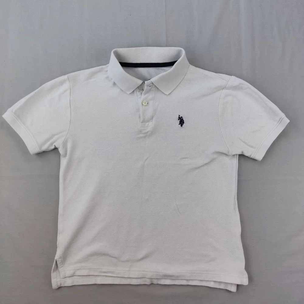 U.S. Polo Assn. Polo Shirt Boys M White Solid Short Sleeve Pique Cotton Logo