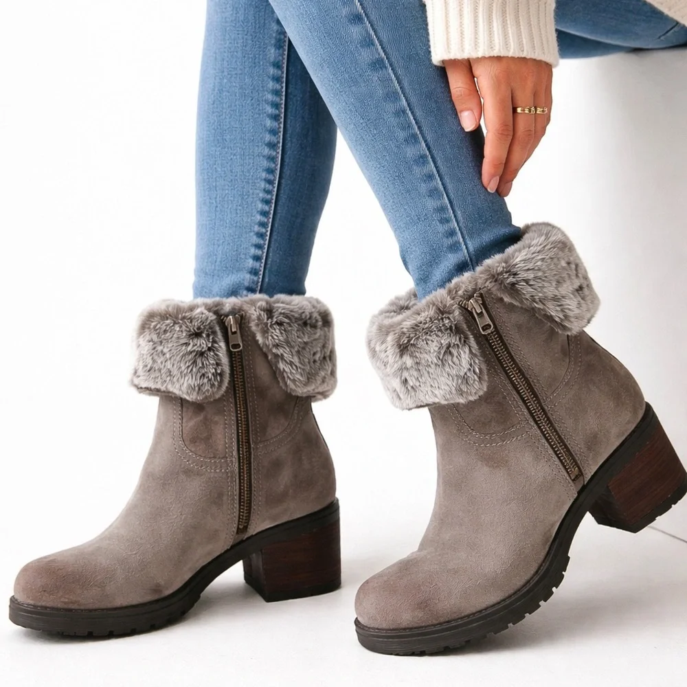 Vintage Foundry Gray Distressed Suede Faux Fur Ankle Boots  Size 8