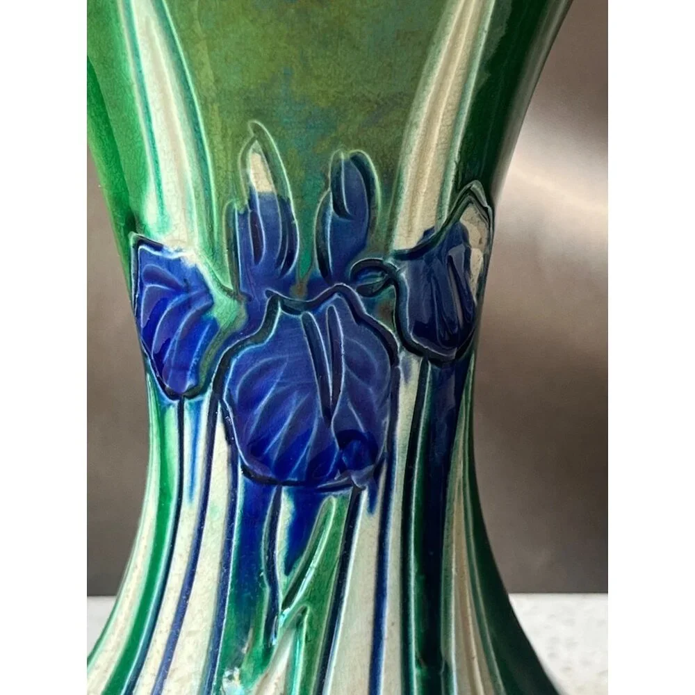 Awaji Green Ceramic Vase With Blue Iris Motif 6